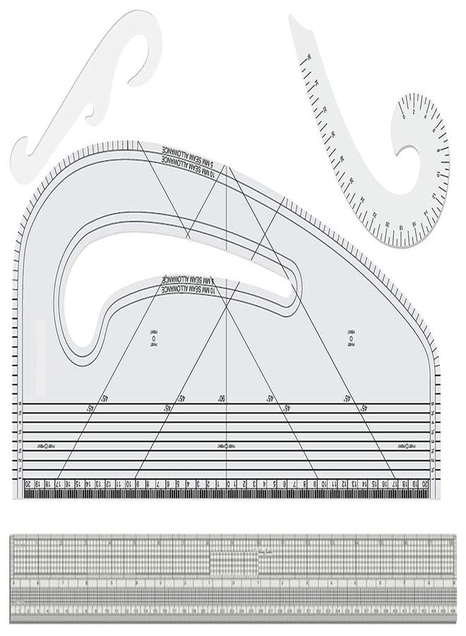 NTGS 4-Piece Sewing Pattern Ruler Set - French Curve, Hip Curve, Armhole Curve & Grid Ruler for Fashion Design, Garment Making & Tailoring - Transparent Plastic Drafting Tools - Image 1